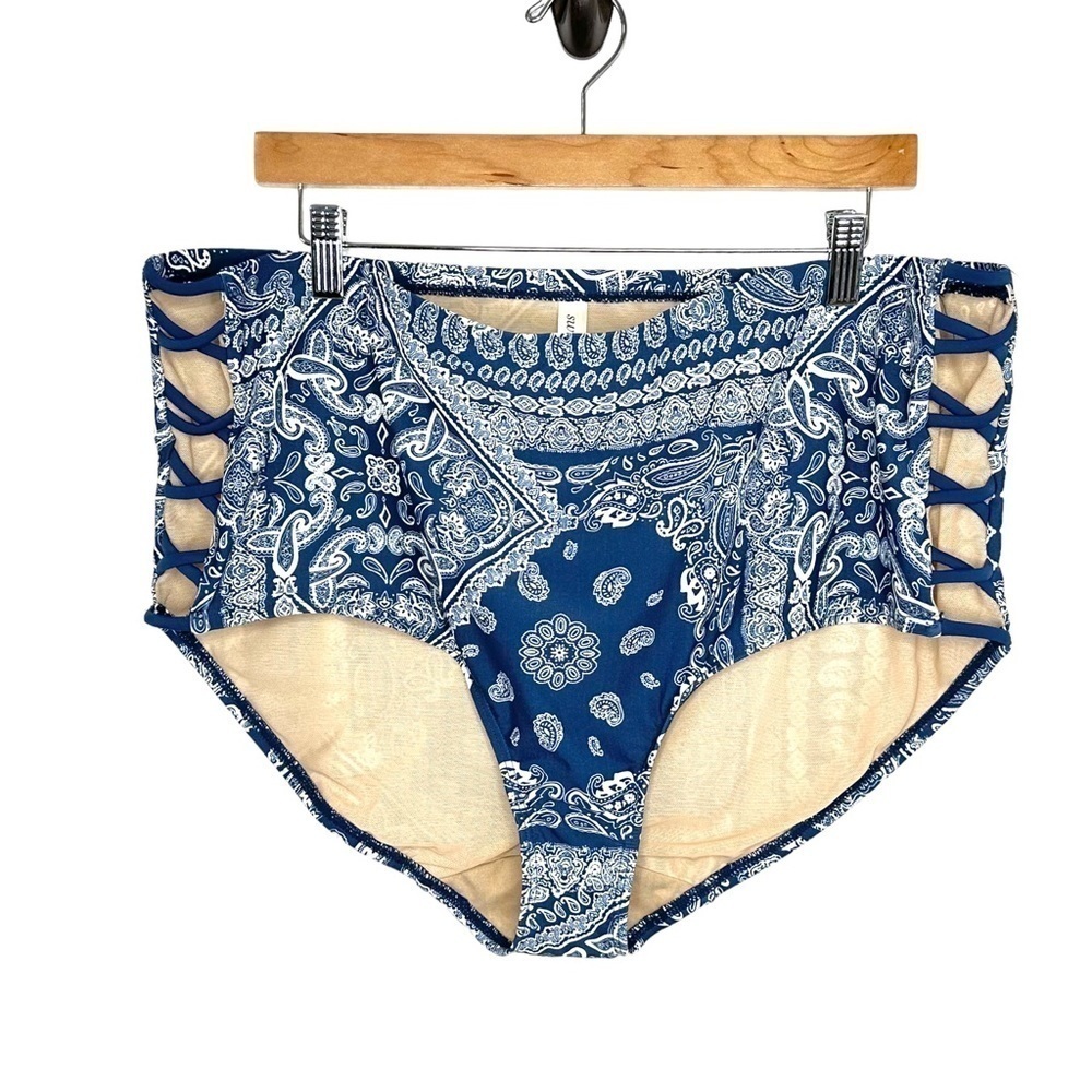 Lane Bryant Cacique Womens Bandana Print Swimsuit Bottom Sz 28 Blue Side Lace